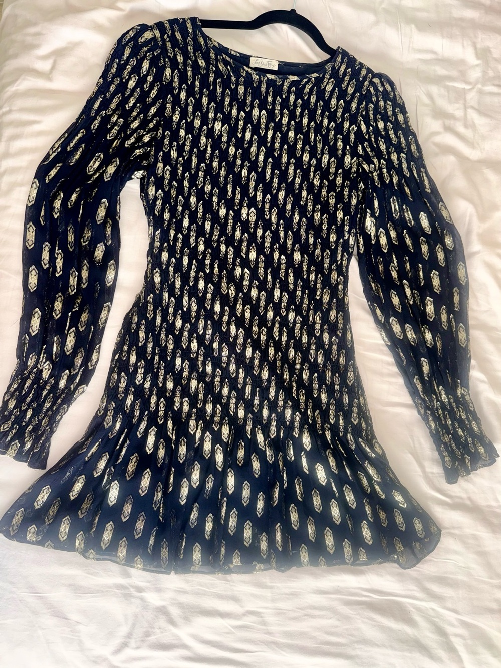 LoveShackFancy Navy Long Sleeve Metallic Cream Patterned Peplum Dress
